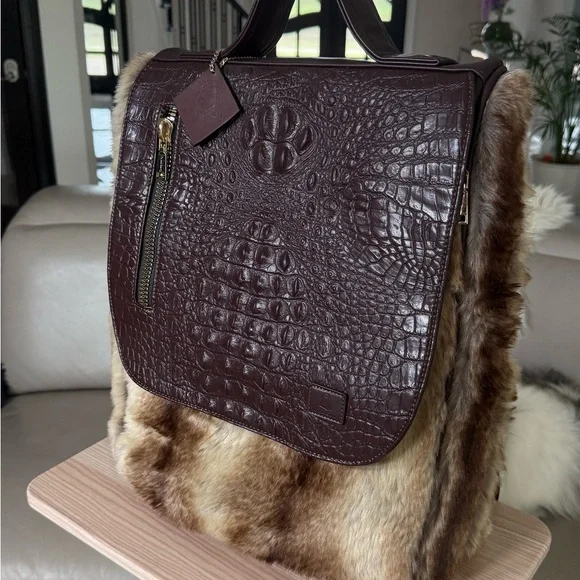 Faux Fur and Brown Leather Bag Set - Picture 10 of 13